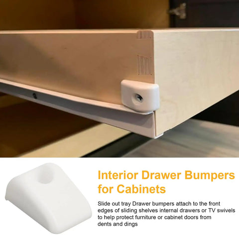 Close-up of 15 Piece Plastic Cabinet Drawer Slide Bumpers And Screws on a wooden drawer edge for noise dampening.