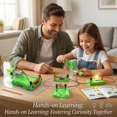 Child and adult using Hands On Electricity Lab Kit For Kids And Students Kid Friendly DIY Circuit Building Hand Crank Generator Mini DC Motor Wind Powered Carts And Fun DC Electric Experiments For Junior Through High School