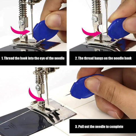 Close-up of 12 Pack Needle Threaders For Hand Sewing No Fuss Easy Wire Hook Threaders being used on a sewing machine