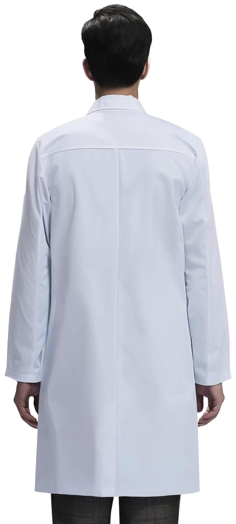 Back view of White Unisex Lab Coat With Roomy Fit For Over Clothes Size M Comfortable Medical Coat For Clinics And Labs