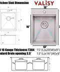 Diagram of Stainless Steel Bar Sink Drop In 15 By 20 Inch Topmount Single Bowl Workstation Kitchen Sink with dimensions