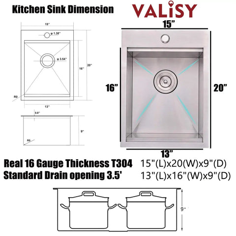 Diagram of Stainless Steel Bar Sink Drop In 15 By 20 Inch Topmount Single Bowl Workstation Kitchen Sink with dimensions