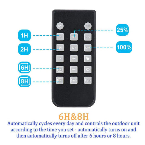 Remote control for Outdoor String Light Dimmer 360W Max with timed 6H and 8H switches and brightness settings.