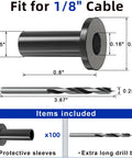 100 Pack Cable Railing Protector Sleeves For One Eighth Inch Deck Railing System Black Cable Railing Kit Hardware For Wood Posts T316 Stainless Steel Marine Grade Outdoor Rust Resistant Built To Last shown with measurements and drill bit