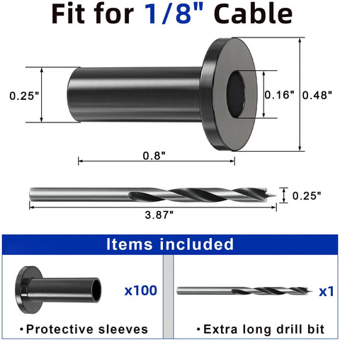 100 Pack Cable Railing Protector Sleeves For One Eighth Inch Deck Railing System Black Cable Railing Kit Hardware For Wood Posts T316 Stainless Steel Marine Grade Outdoor Rust Resistant Built To Last shown with measurements and drill bit