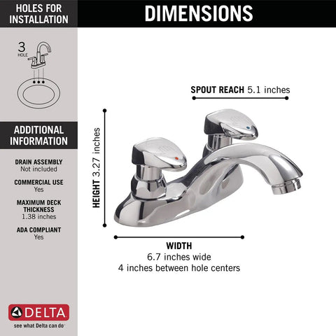 Two Handle Metering Commercial Bathroom Faucet With Chrome Finish And Vandal Resistant Color Coded Lever Handles dimensions