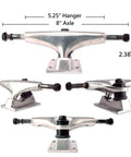 5.25 Inch Skateboard Trucks 139mm Aluminum with 8-inch axle, front and side views, all-in-one kit built for street park and transition skating.