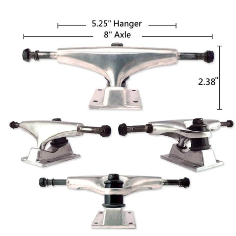 5.25 Inch Skateboard Trucks 139mm Aluminum with 8-inch axle, front and side views, all-in-one kit built for street park and transition skating.