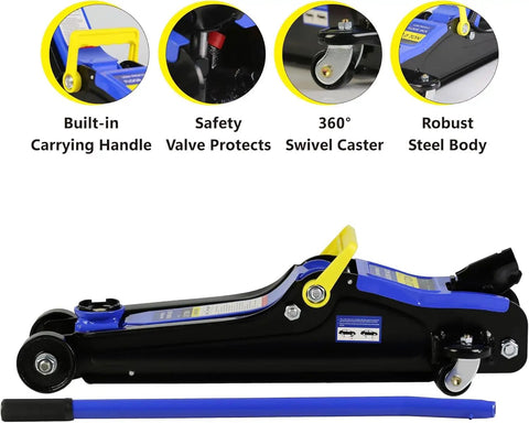 Low-Profile Floor Jack 2-Ton Quick Lift Hydraulic Car Jack For Heavy-Duty Lifting, Adjustable Height 3.3 To 15.2 Inches, Steel Trolley Jack Workhorse 4000 Lbs Capacity, Blue