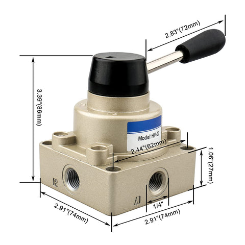 Pneumatic Hands-On Lever Valve With Rotary Positioner For Manual Control, Three Position Four Way Valve, dimensions labeled