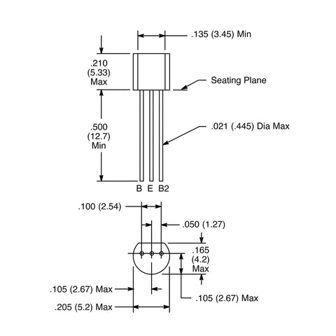 Technical diagram of a TO-92 transistor with measurements from Assorted TO92 Transistors Kit 300 Pcs With 30 Models NPN PNP General Purpose Bipolar Power Transistors In Individual Compartments For DIY Electronics Projects And Prototyping.