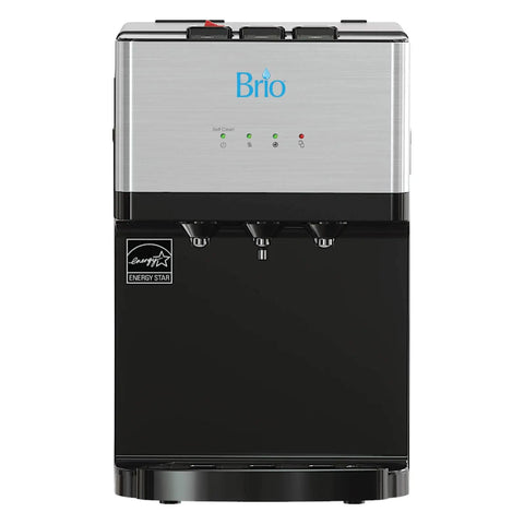 Countertop Bottleless Water Cooler Dispenser With Self Cleaning Filtration System, compact design with three spouts front view, Energy Star badge