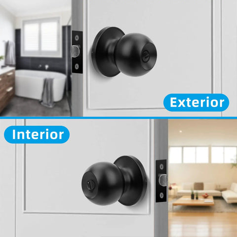 Matte Black Privacy Door Knobs Set 8 Pack With Turn Button Lock And Emergency Coin Unlock, Keyless Inside Handle shown on door