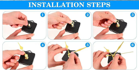 Installation steps for Battery Operated Quartz Wall Clock Movement Kit with hands replacement for DIY clock repair.