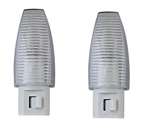 Set Of 2 Night Lights With On Off Switch UL Certified White Base Clear Top Wall Hugger Design Great For Bathroom Bedroom Hallway