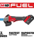 Badass Brushless Angle Grinder Set Featuring Dual High Output Batteries And Rapid Charger with side view showing motor and battery.