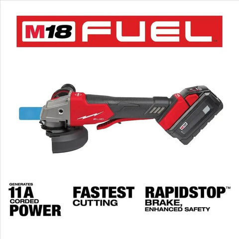 Badass Brushless Angle Grinder Set Featuring Dual High Output Batteries And Rapid Charger with side view showing motor and battery.