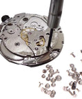 100 Piece Watch Battery Clamp Screw Assortment Set Hella Durable Precision Micro Fasteners for watch movement repair with silver screws.