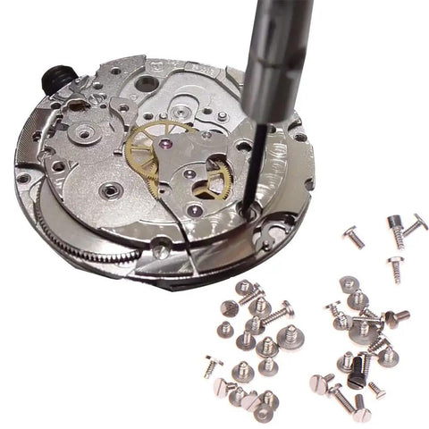 100 Piece Watch Battery Clamp Screw Assortment Set Hella Durable Precision Micro Fasteners for watch movement repair with silver screws.