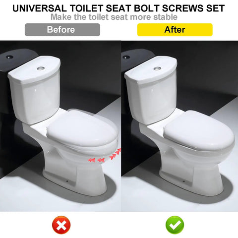 Before and after of Universal Toilet Seat Screws Replacement Kit With Heavy Duty Fasteners shown improving seat stability.