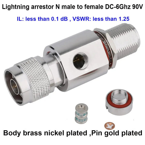 N Type Lightning Arrestor 0-6 GHz 50 Ohm Bi-Directional Protection N-Male N-Female Mountable Outdoor Panel Bulkhead with parts