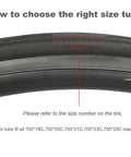 Image showing tire sidewall illustrating size for 2 Pack 700C Road Bike Inner Tubes With 48mm Presta Valve Fits 18-25C Includes 2 Tire Strips And 2 Levers Beefed Up Durable Butyl Rubber For Long Lasting Air On Your Daily Ride.