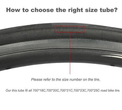 Image showing tire sidewall illustrating size for 2 Pack 700C Road Bike Inner Tubes With 48mm Presta Valve Fits 18-25C Includes 2 Tire Strips And 2 Levers Beefed Up Durable Butyl Rubber For Long Lasting Air On Your Daily Ride.