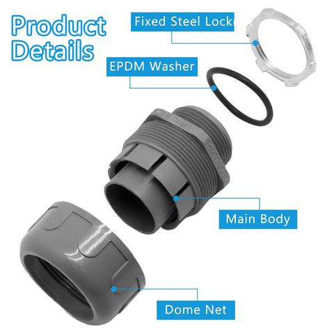 Components of Non-Metallic Liquid Tight Conduit Connector Five Pack One And One Quarter Inch PVC Fittings showing dome net and EPDM washer.