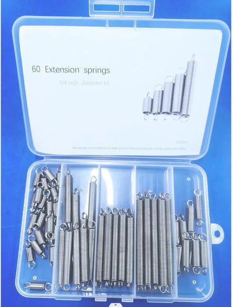 60-piece stainless steel extension spring set in clear case with hook ends; 0.035 in wire, 1/4 in OD, 13/32-2-1/4 in.