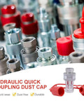 Two Pack 3/4 Inch Hydraulic Quick Coupler Dust Cap Covers For ISO A And ISO B Quick Disconnects shown in red on fittings