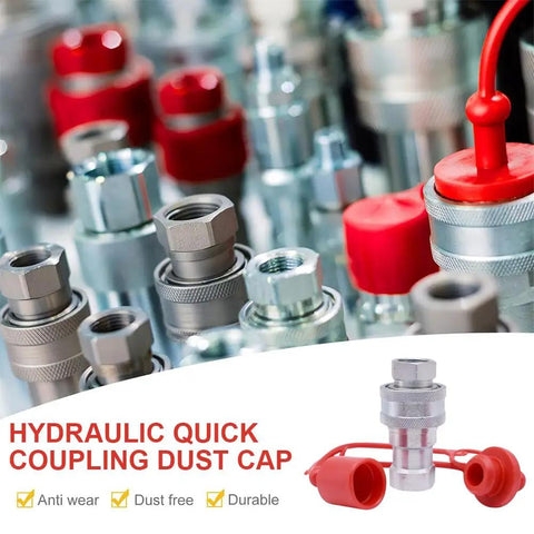 Two Pack 3/4 Inch Hydraulic Quick Coupler Dust Cap Covers For ISO A And ISO B Quick Disconnects shown in red on fittings