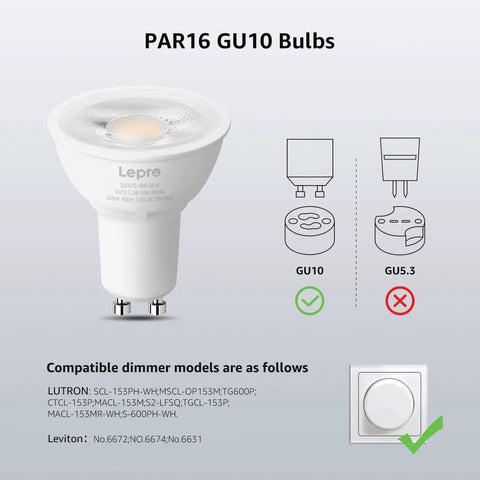 GU10 LED Bulbs Dimmable 5.5W 3000K Soft Warm Light 50W Halogen Equivalent with compatibility chart for recessed track lighting