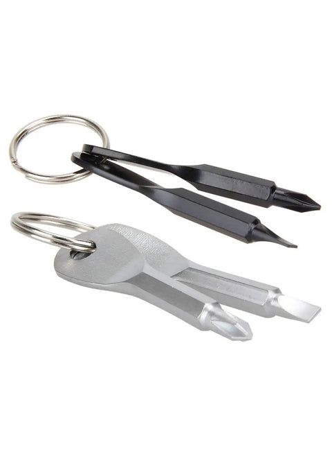 Two Pack Mini Key Shape Screwdriver Set With Flathead And Phillips Bits, Stainless Steel Key Chain Tools on a white background