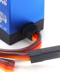 Heavy Duty Digital Servo Delivering Badass 35Kg Torque With Bombproof Metal Gears For 90 Degree Steering On 1/8 And 1/10 Scale RC Cars Trucks And Crawlers Upgraded Build close-up of blue servo with wire connectors.
