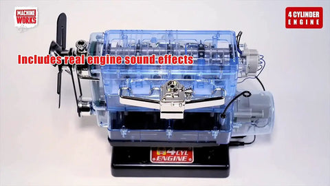 Build Your Own Visible Model Engine Kit With Four Cylinder Internal Combustion Mechanics, Realistic Sounds And Illumination, 100 Plus Pieces, STEM And Physics Based Replica Toy For Education And Hands On Fun, transparent 4-cylinder model on base