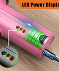 Heavy Duty Cordless Electric Scissors With Three Razor Blades, Rechargeable Power Pack, showing LED power display on pink handle.