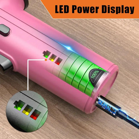 Heavy Duty Cordless Electric Scissors With Three Razor Blades, Rechargeable Power Pack, showing LED power display on pink handle.