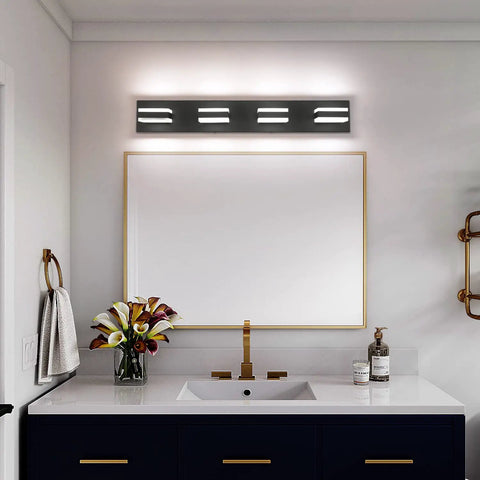 Matte Black 4 Light Bathroom Vanity Light Fixture With LED Dimmable Bulbs over mirror in modern bathroom setup