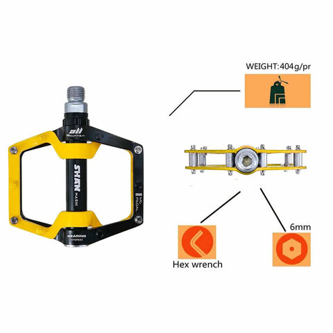 Yellow And Black Aluminum Mountain Bike Pedals Flat Pedals For MTB And BMX With Removable Non Slip Studs Nine Sixteenths Inch Spindle shown in detail