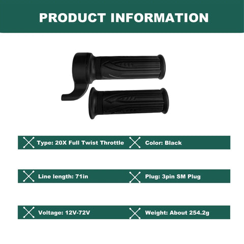 Full Twist Throttle For 12V-72V Ebikes And Scooters 3 Pin SM Connector 71 Inch Wire Right Hand Grip, black, product information.