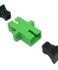 Green SC fiber optic adapter, female-to-female, APC, with mounting panel; includes two black caps.
