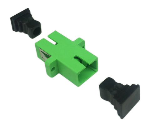 Green SC fiber optic adapter, female-to-female, APC, with mounting panel; includes two black caps.