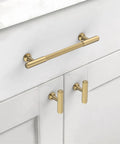 10 Pack Champagne Bronze Cabinet Pulls In 5 Inch 128mm for kitchen cabinets, shown installed on white cupboard.
