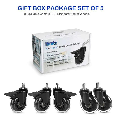 Top Notch Five Piece Set Of Three Inch Lockable Swivel Casters For Office Chairs Featuring Heavy Duty Smooth Rolling Action Universal 7/16 X 7/8 Inch Stem Base No Fuss Quick Swap in gift box with black wheels.