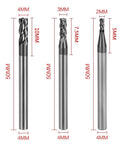 Three CNC square-nose end mills set; carbide tungsten steel, 50mm length, 4mm shank, diameters 2/3/4 mm.