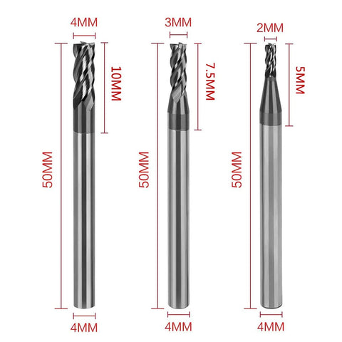 Three CNC square-nose end mills set; carbide tungsten steel, 50mm length, 4mm shank, diameters 2/3/4 mm.