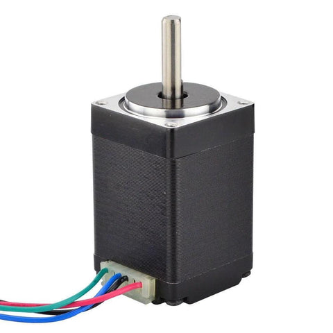 Front view of NEMA 11 bipolar stepper motor with black housing, silver shaft, and four colored wires.