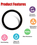 O-ring gasket, black rubber; front view, circular seal for automotive and plumbing use.