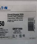 QBGFT2050 Two Pole 50 Amp Miniature Circuit Breaker 120/240V AC labeled with technical details and specifications.