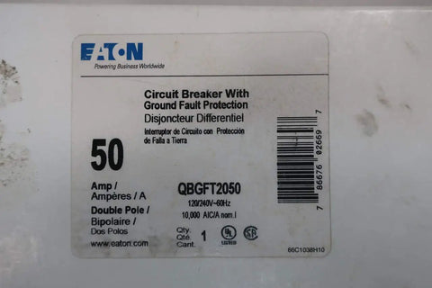 QBGFT2050 Two Pole 50 Amp Miniature Circuit Breaker 120/240V AC labeled with technical details and specifications.